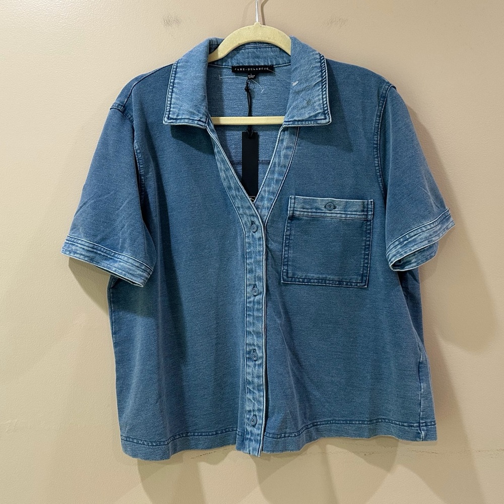 Jane And Delancey Knit Blue Collared Button Up Boxy Top Shirt Womens L NWT